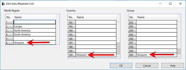 MCP-D74: Edit Area dialog box with new Hotspots World Region, Country, and Group added