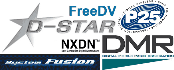 The logos of D-STAR, DMR, System Fusion, NXDN, P25, and FreeDV