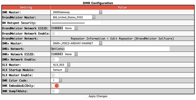 Digital mode configuration settings - DMRGateway