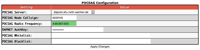 Digital mode configuration settings - POCSAG